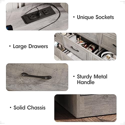 Miniatura 5 de Fameill - Cómoda para dormitorio, organizador de 9 cajones con estación de carga, cómoda alta para pasillo, cómoda de madera con tiradores de metal,