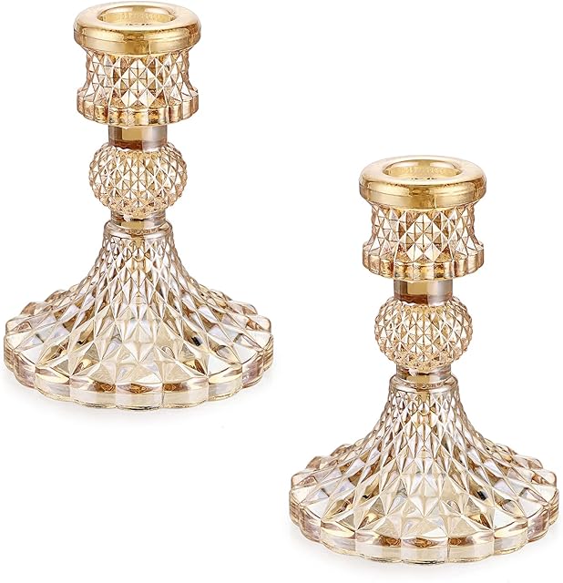 BSTKEY Set of 2 Glass Candle Holders Candlestick Holder, Decorative Taper Candle Stand for Candlestick, Candle Holder Stand Table Centerpiece for Party, Wedding, Dinner (Gold)