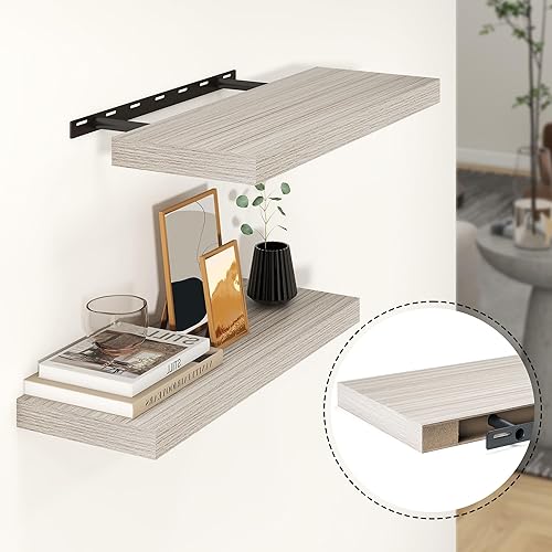 Miniatura 5 de Heimlove Estantes flotantes de 24 pulgadas para pared, estante de baño gris de 9.3 pulgadas de profundidad sobre inodoro, estantes de madera rústica