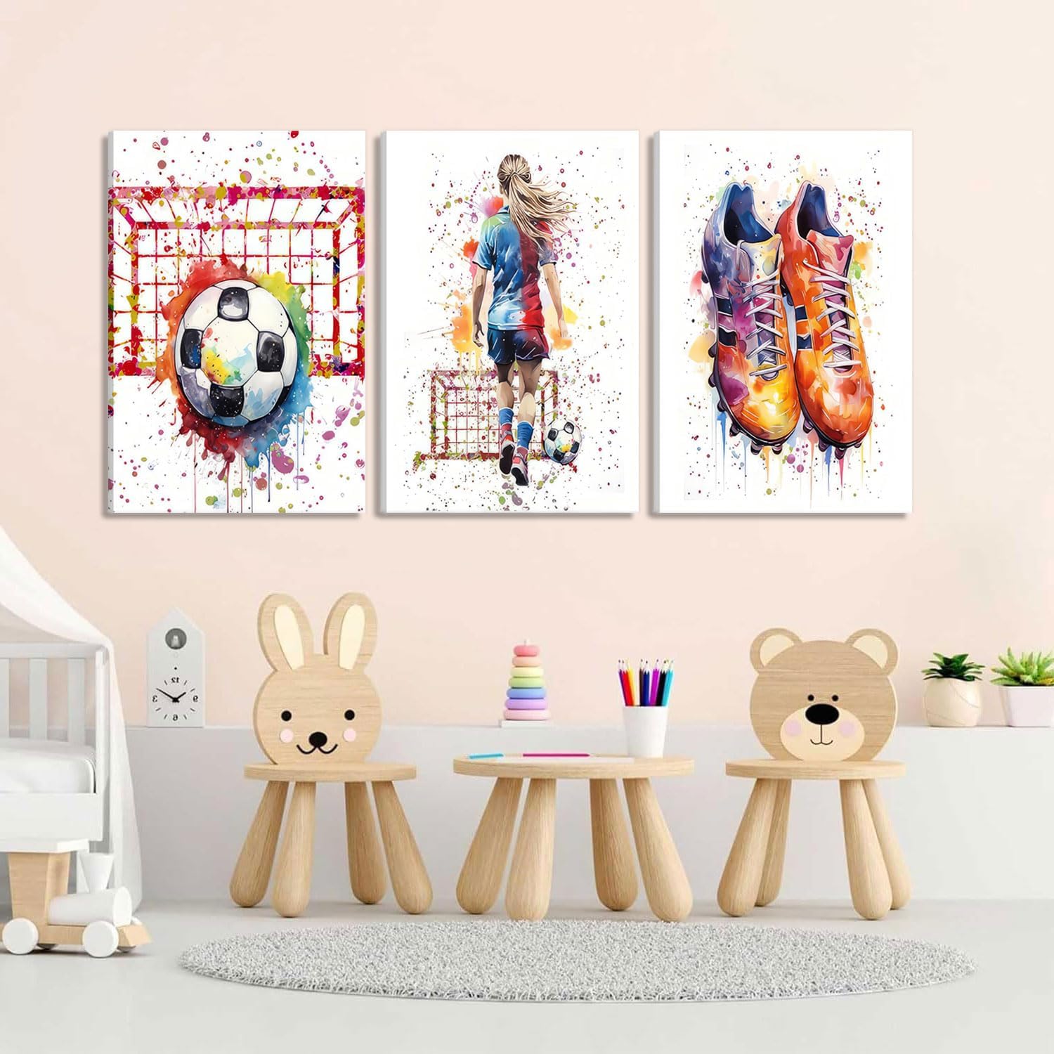 3Pcs Girl Graffiti Soccer Canvas Wall Art Colorful Sneakers Posters Prints Wall Decor Pictures Sports Theme Football Paintings for Bedroom Girls Room Teen Kids Playroom Artwork Home Decoration