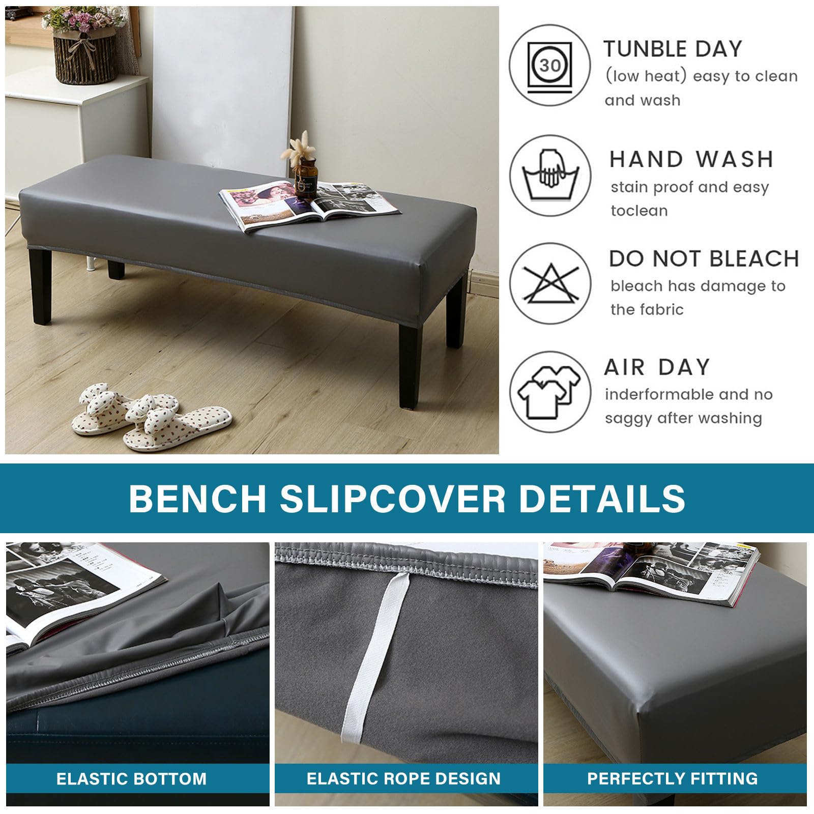 Funda de asiento impermeable de piel sintética elástica extraíble y lavable, para sala de estar y dormitorio, color gris oscuro, 120 cm