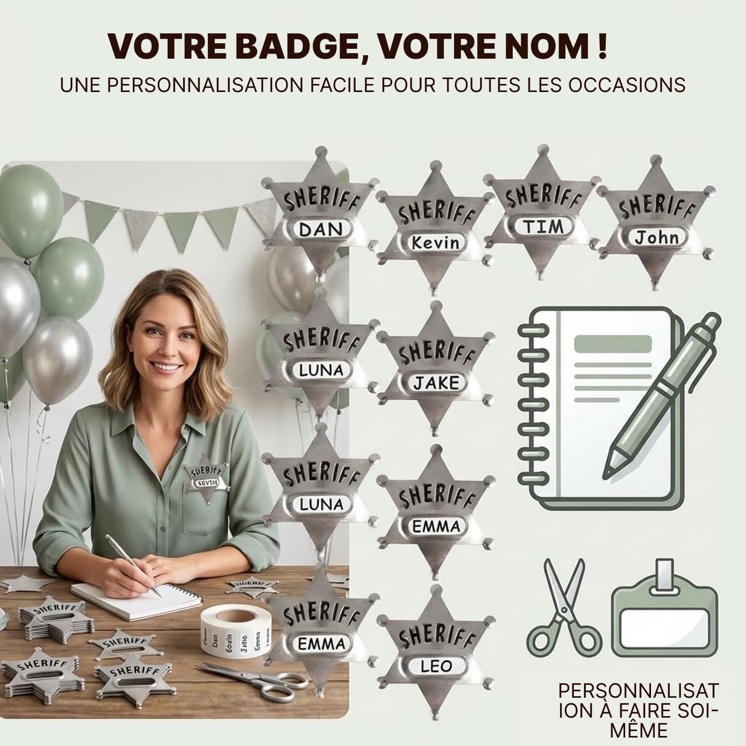 Badges de shérif en métal – Lot de 24, Silver Star Badges nominatifs Western Cowboy pour enfants