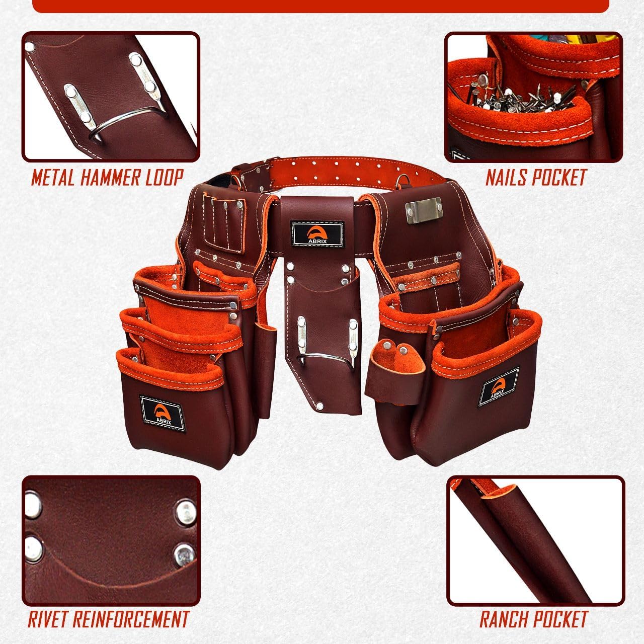 ABRIX Heavy Duty Grain Leather Tool Belt for Men Framing Rig 28 Pockets Carpenter Tool Belt with Suspender Padded construction belt pauchas (Extra Large, 26 Pocket Maroon)