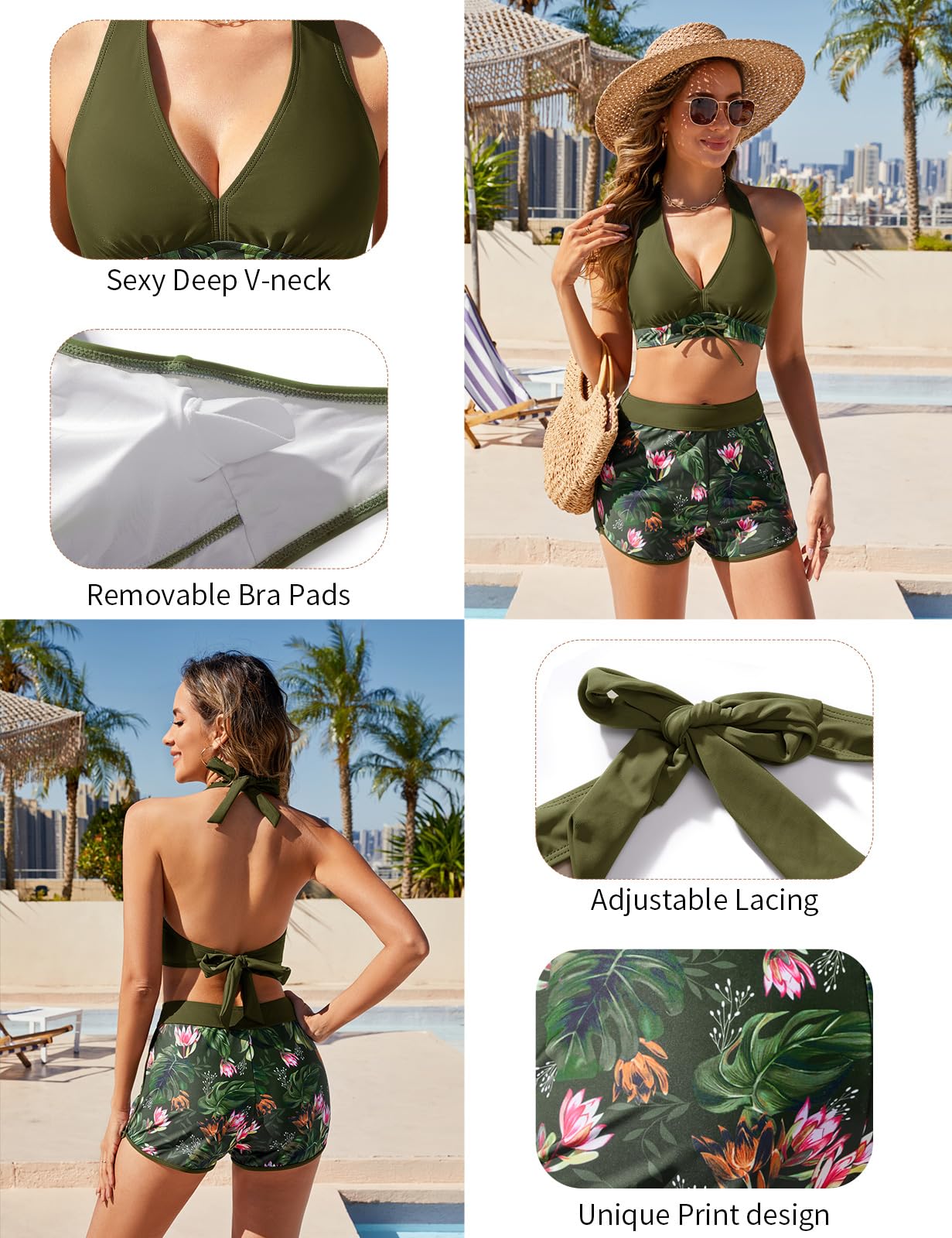 Tuopuda Femme Maillots de Bain Deux Pièces Push-up Col V Bikini Set Ensembles 2 Pièces Haut de Bikini Dos Nu avec Shorty de Bain Taille Haute Imprimé