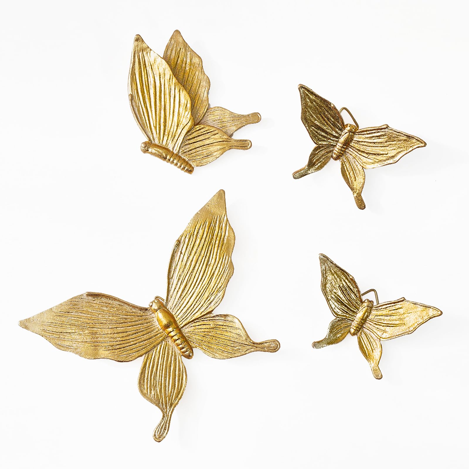 Mekalero Resin Butterfly Wall Decorations Gold Finish Set of 4, Raised Butterfly Sculptures for Apartment Entryway, Display and Photo Backdrop Gold Wall Art Ornaments Resin Sculptures Nature Accents
