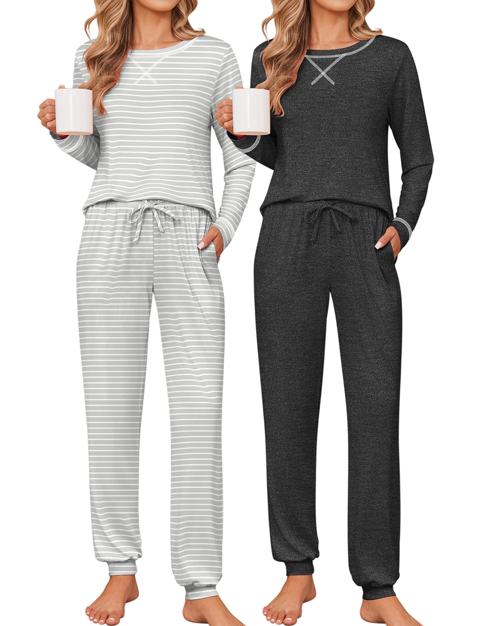 Ekouaer 2 Pack Pajama Sets for Womens Jogger Pants Pjs Long Sleeves Lounge Set Soft Sleepwear with Pockets