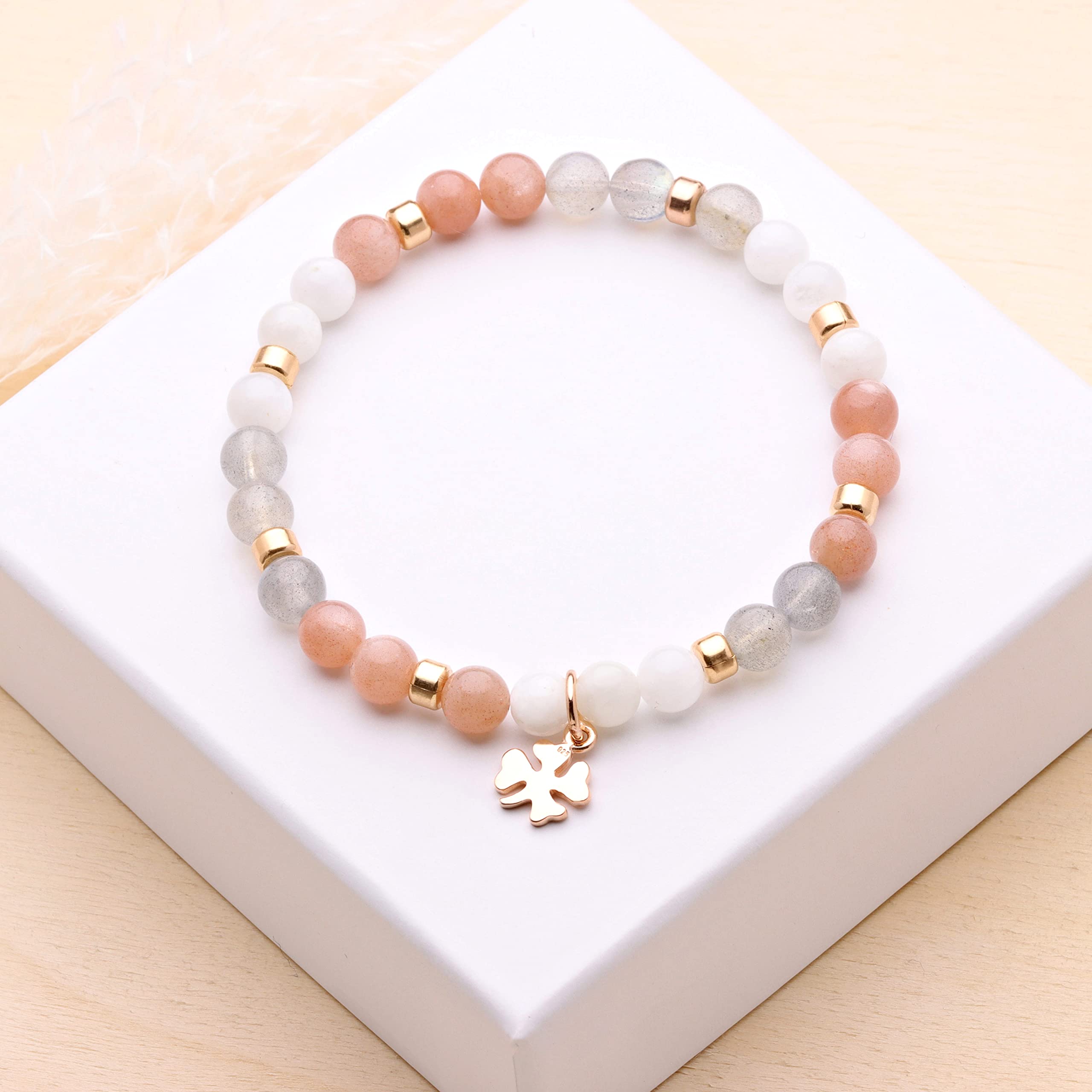 Glücksarmband Damen Moonlight mit Kleeblatt, Glücksbringer-Geschenk, Talisman, Silber, Gold- oder Rosègold plattiert