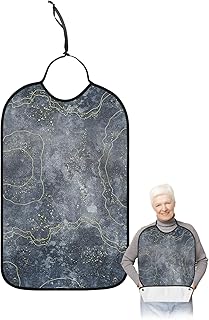 Kewadony Adult Bibs for Elderly Women - Black Grey Ombre Waterproof Dining Clothing Protectors with Crumb Catcher for Eating/Feeding, Yellow Line Abstract Marble Texture Terry Cloth Bib Washable