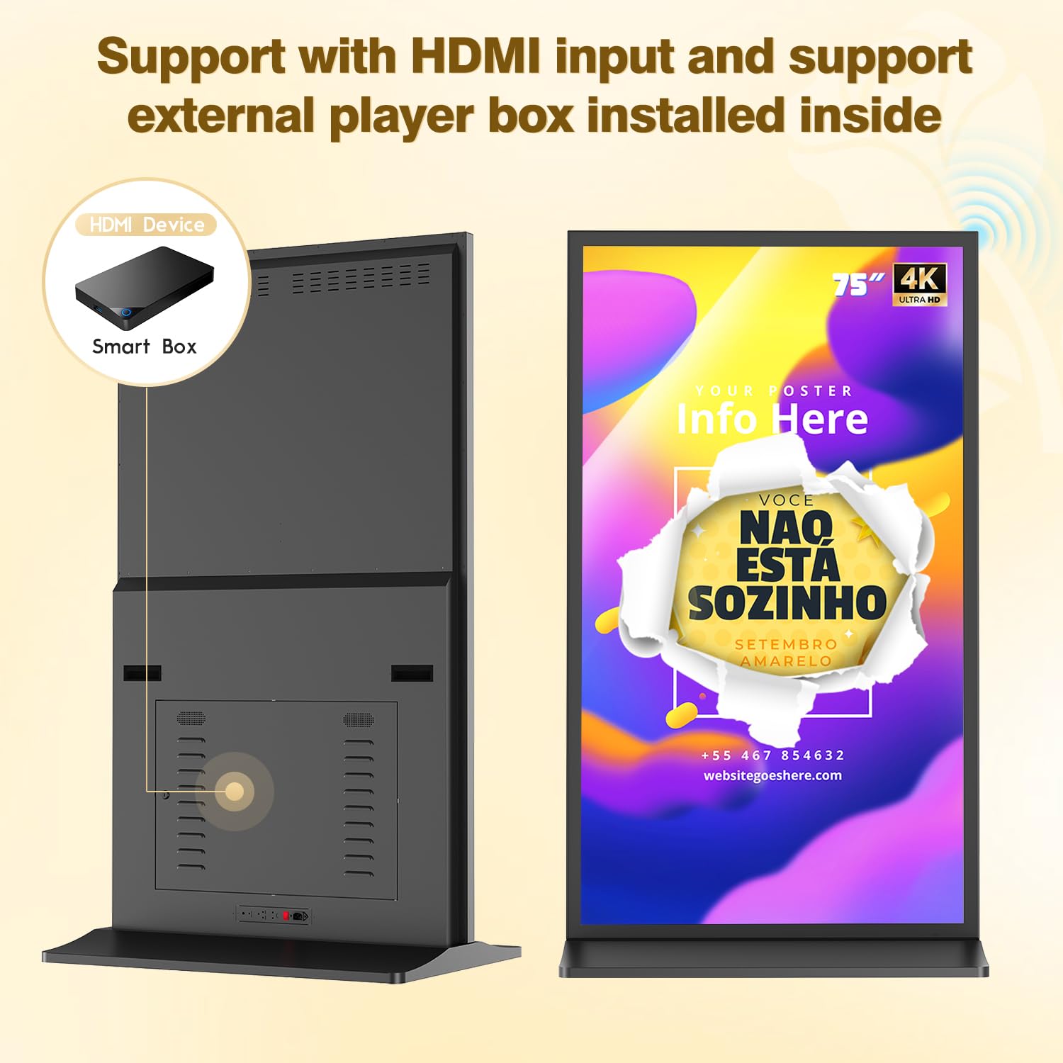 Display per Segnaletica Digitale da 75 Pollici, 4K UHD, Android, Wi-Fi, Schermo Diviso e Gestione Remota CMS, Totem Pubblicitario per Interni e Negozi