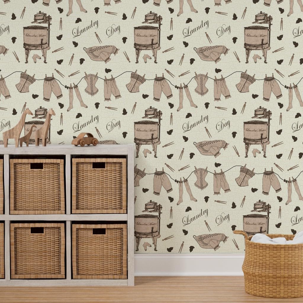Spoonflower Removable Wallpaper 12ft x 2ft - Vintage Laundry Day Technology Geek Retro Machine Custom Pre-Pasted Wallpaper