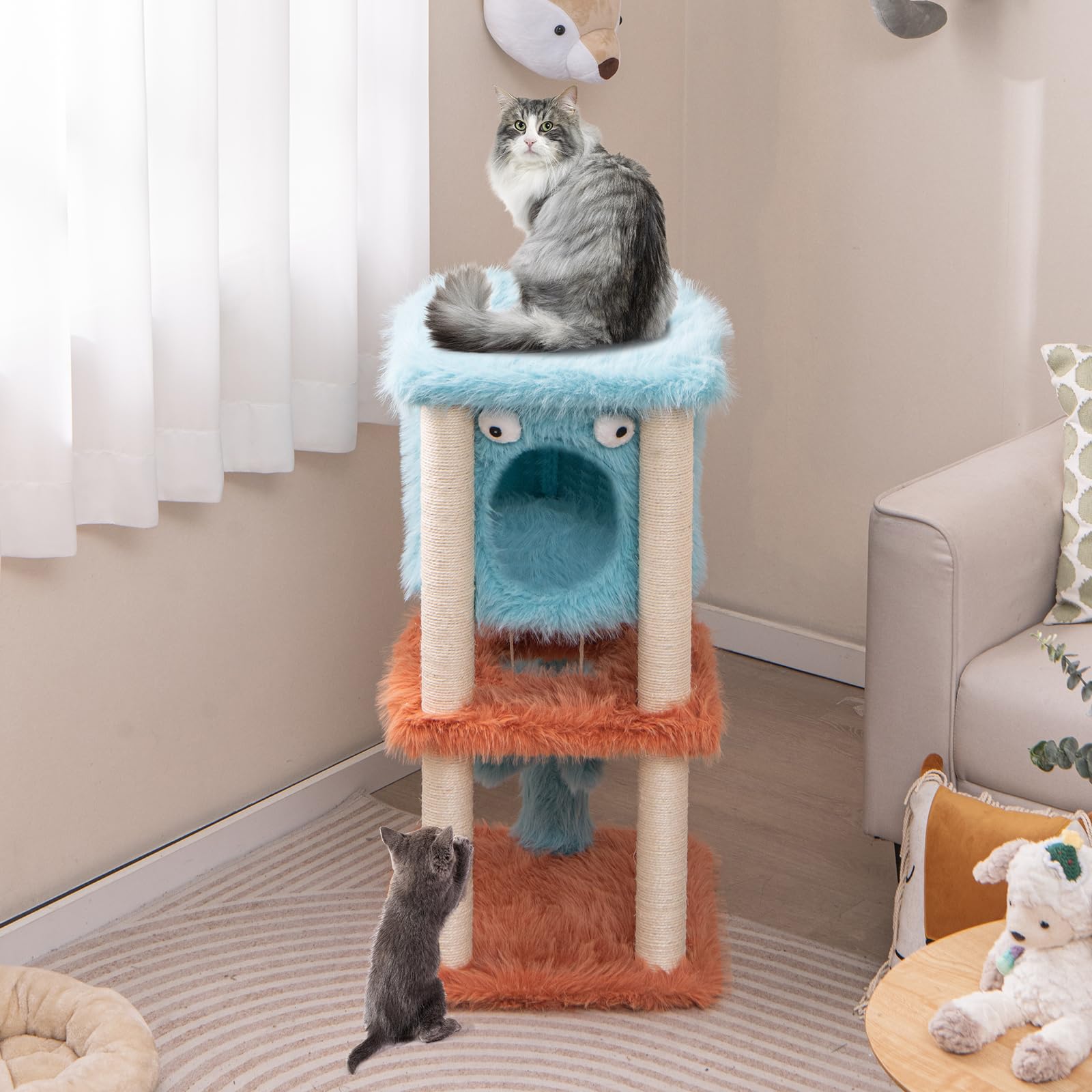 PETSITE 34 inch Monster-Themed Cute Cat Tree, Modern Cat Tree Tower with Sisal Scratching Posts, Cat Condo, and Hanging Dangling Toys, Long Plush Covered Surface