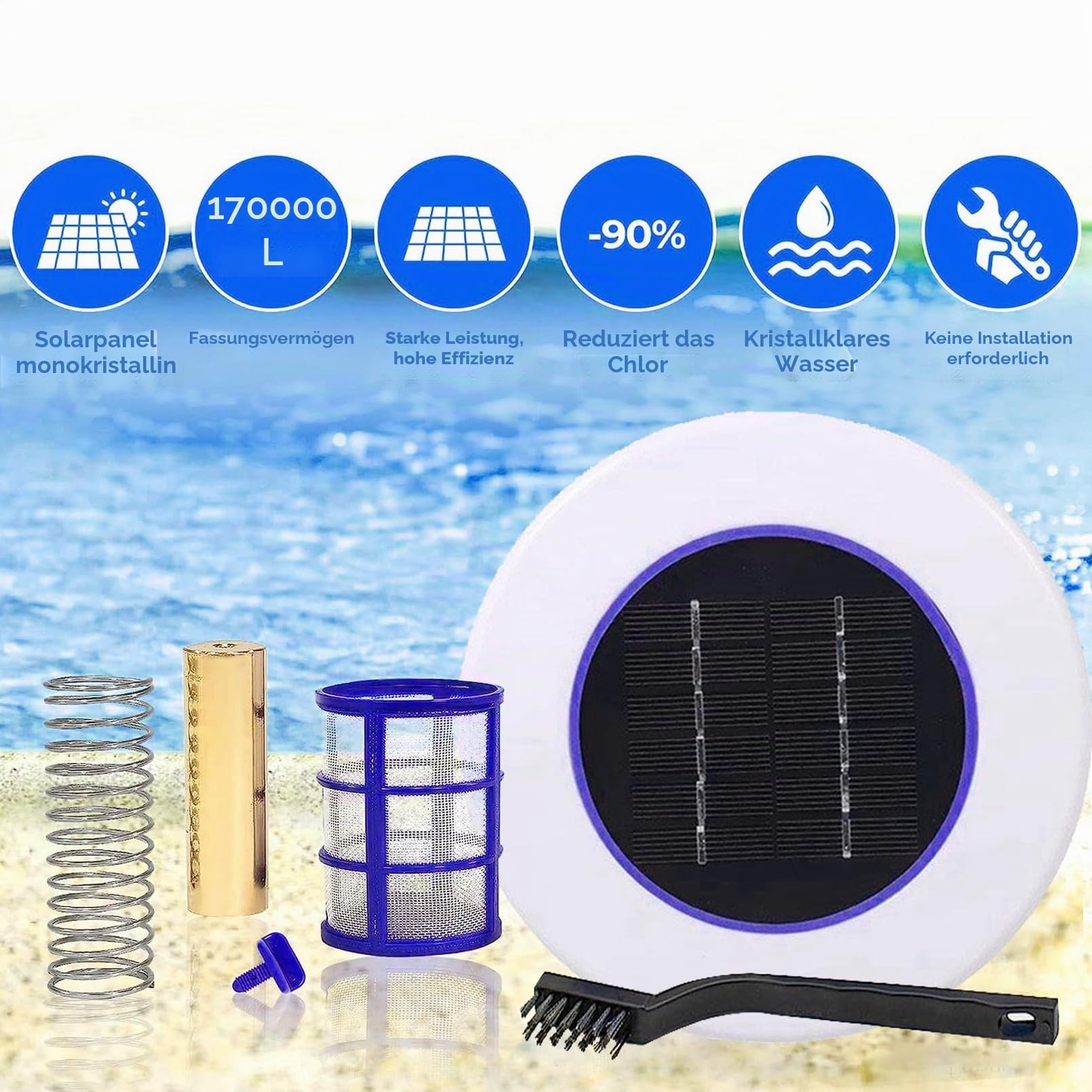 Solarpool Kupfer -Ionisator für Oberirdische Pool, Reinigen Sie 85% Weniger Chlor, Automatischer Poolreiniger Bis Zu 45000 Gallonen Töten Algen Halten Sie Den Pool Sauber
