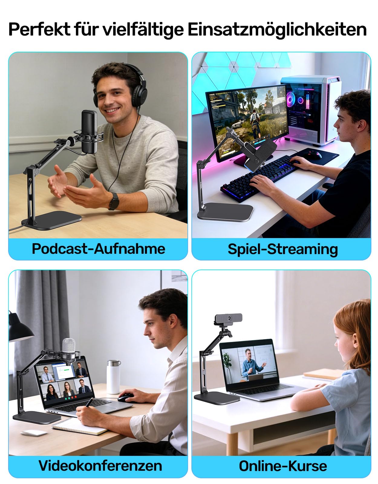 Heavy-Duty Desk Mic Stand,Studio-Arm für Mikrofone Verstellbarer Arm mit Schwerem Sockel (Maximale Belastung 1,2KG) Robuster Mikrofonständer für den Schreibtisch, Kompatibel mit Rode Podmic