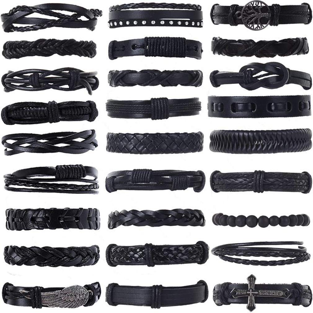 Jewdreamer 27Pcs Braided Leather Bracelets for Men Women Wooden Beads Cuff Wrap Tribal Bracelets Set Hemp Cords Woven Wrist Bracelets Adjustable Black