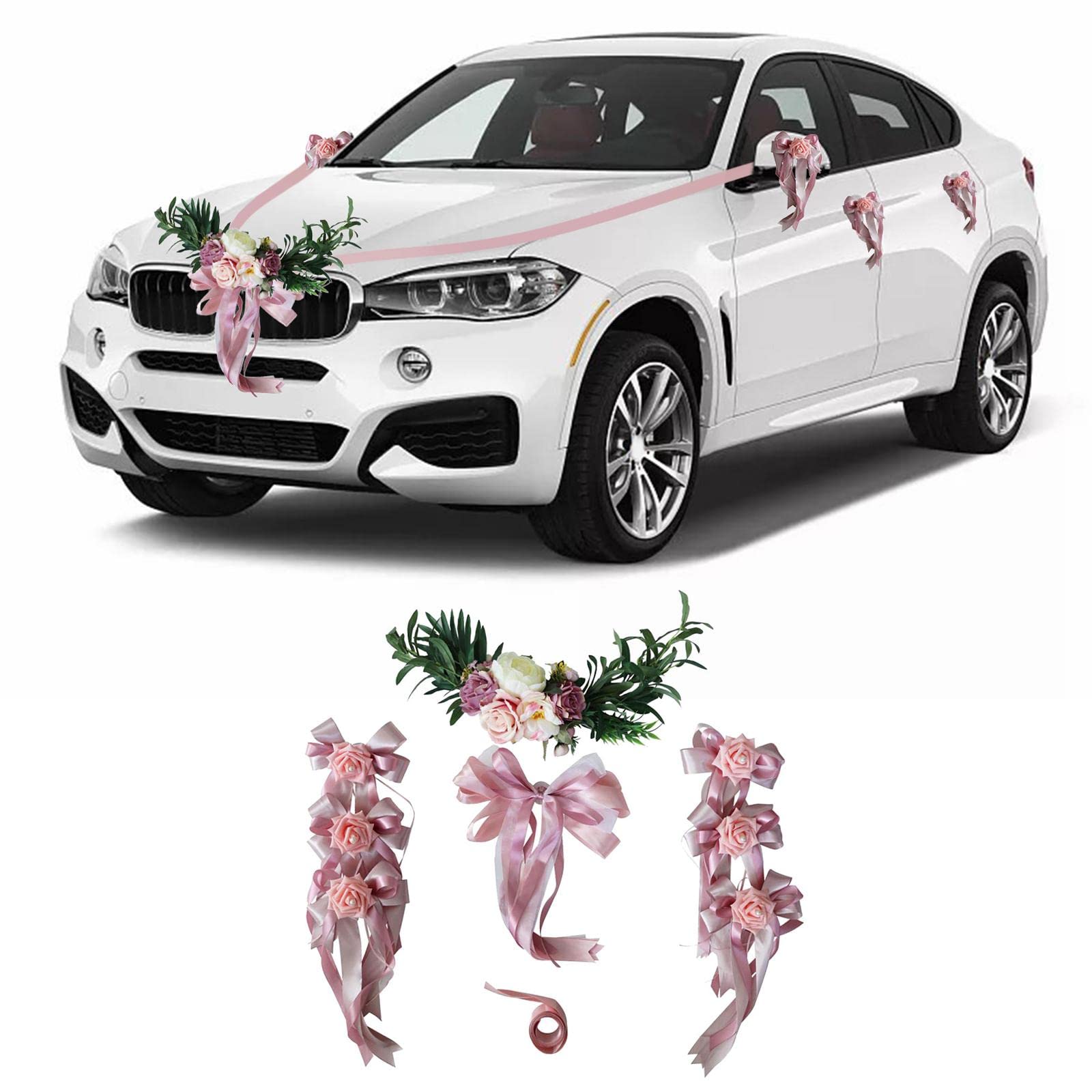 9 Stück Hochzeit Auto Dekorationen Set aus Künstlichen Blumen Schleifen Polyesterband Und Blumenteller für Festliche Autodekoration für