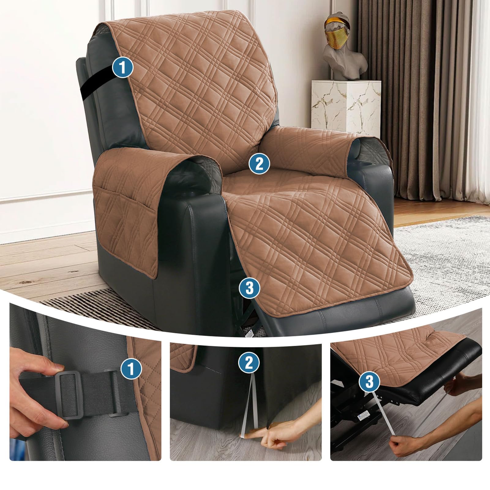 Impermeabile Copripoltrona Relax Reclinabile, Copripoltrona 1 Posto Con Braccioli, Copertura Salvadivano per Poltrona Antiscivolo, Copridivano Reclinabile (Argilla)