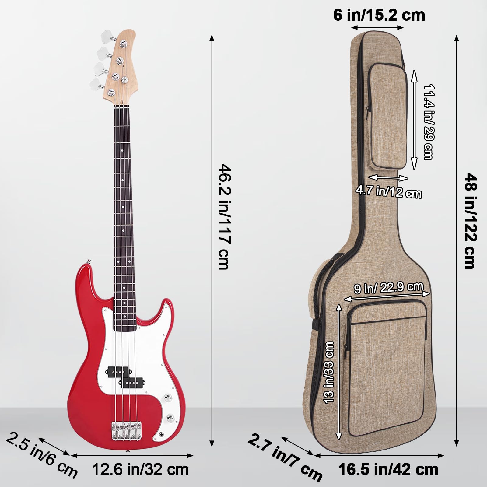 LETSROCK Bass Guitar Case, Bass Guitar Gig Bag 0.38 Inch waterproof Thick Padding Backpack Soft Electric Bass Guitar Bag Dual Adjustable Shoulder Strap Pocket & Neck Strap Khaki