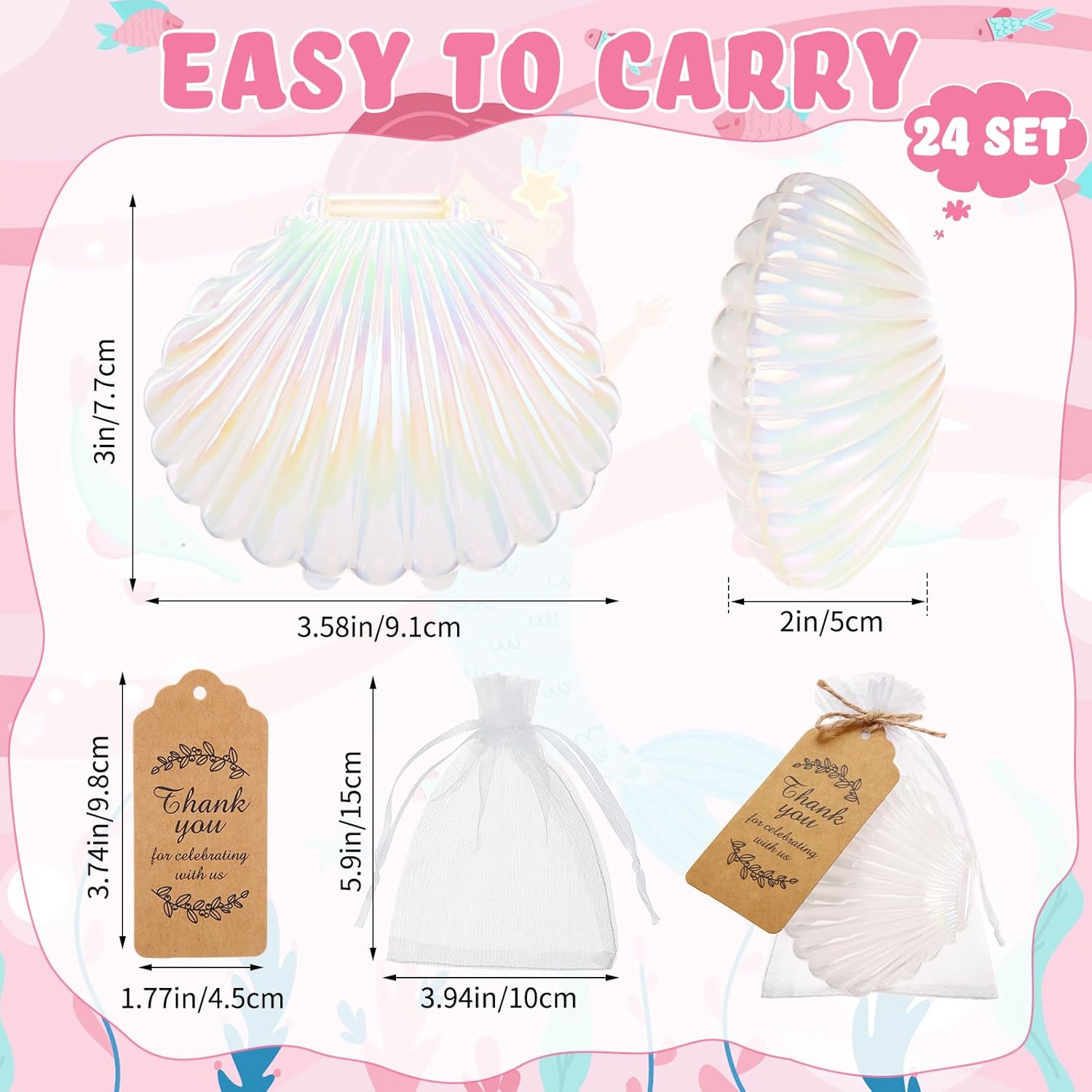 Yungyan 72 Pcs White Seashells Mermaid Birthday Party Decoration Favors 24 Plastic Seashells Candy Boxes Clam Treat Holders 24 Thank You Tags and 24 Bags for Wedding Birthday Mermaid Ocean Party