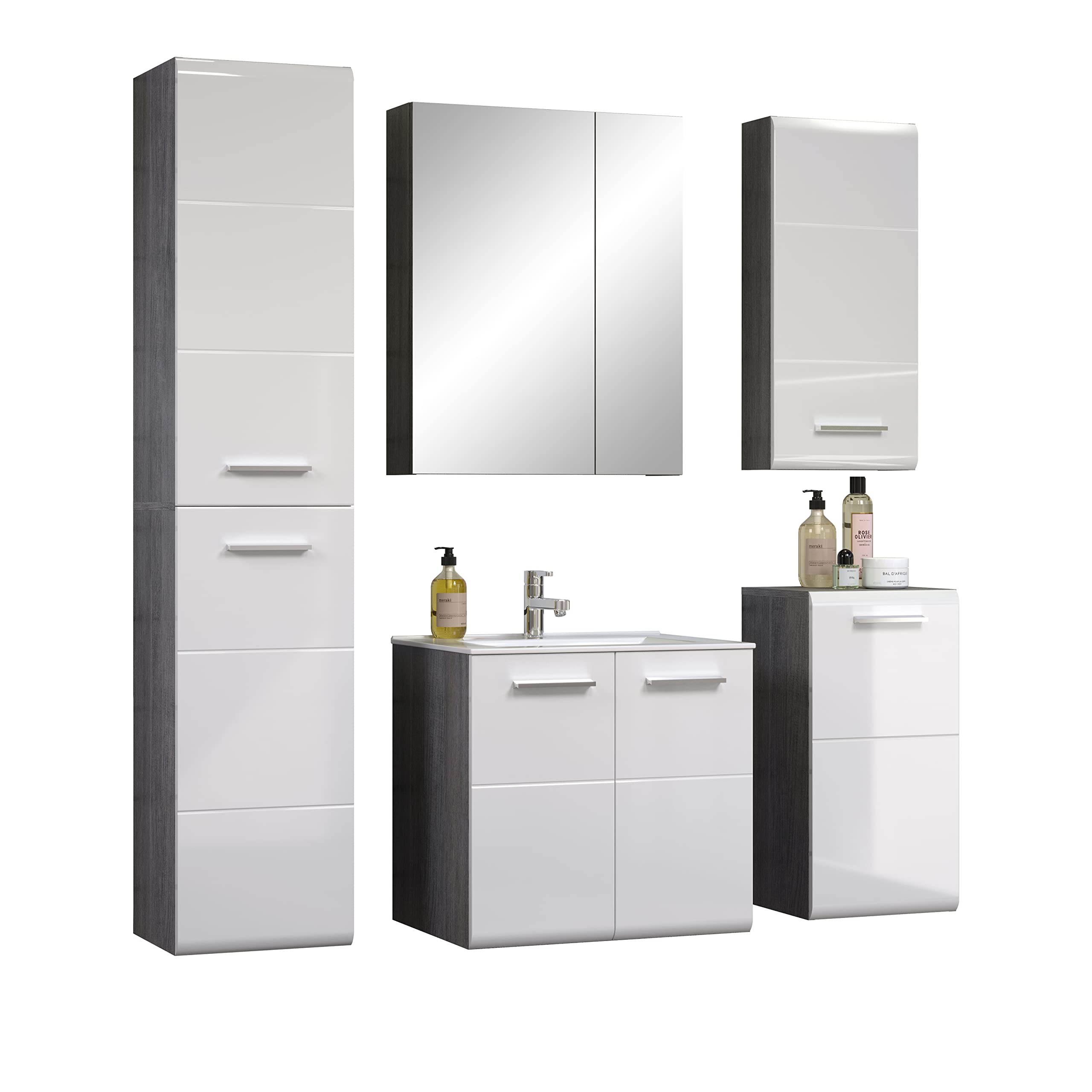 trendteam smart living - Riva - Kommode - Weiß Hochglanz/Grau - Hängeunterschrank mit abgerundeter Tür - (BxHxT) 35 x 68 x 33 cm - mit chromfarbenem Griff - Tür links oder rechts montierbar