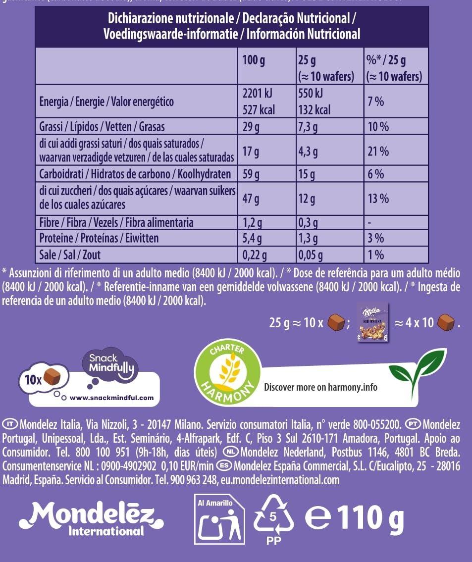 Milka Mini Wafers Galletas Barquillo con Relleno Cremoso y Cubierto de Chocolate con Leche de los Alpes 110 g