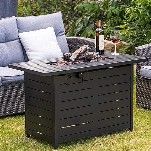 Lokingrise 52 inch Grey Outdoor Propane Fire Pit Table 50,000 BTU Patio Firepit Outdoor,Rectangle Fire Table with Lid, Aluminum Tabletop, Rattan