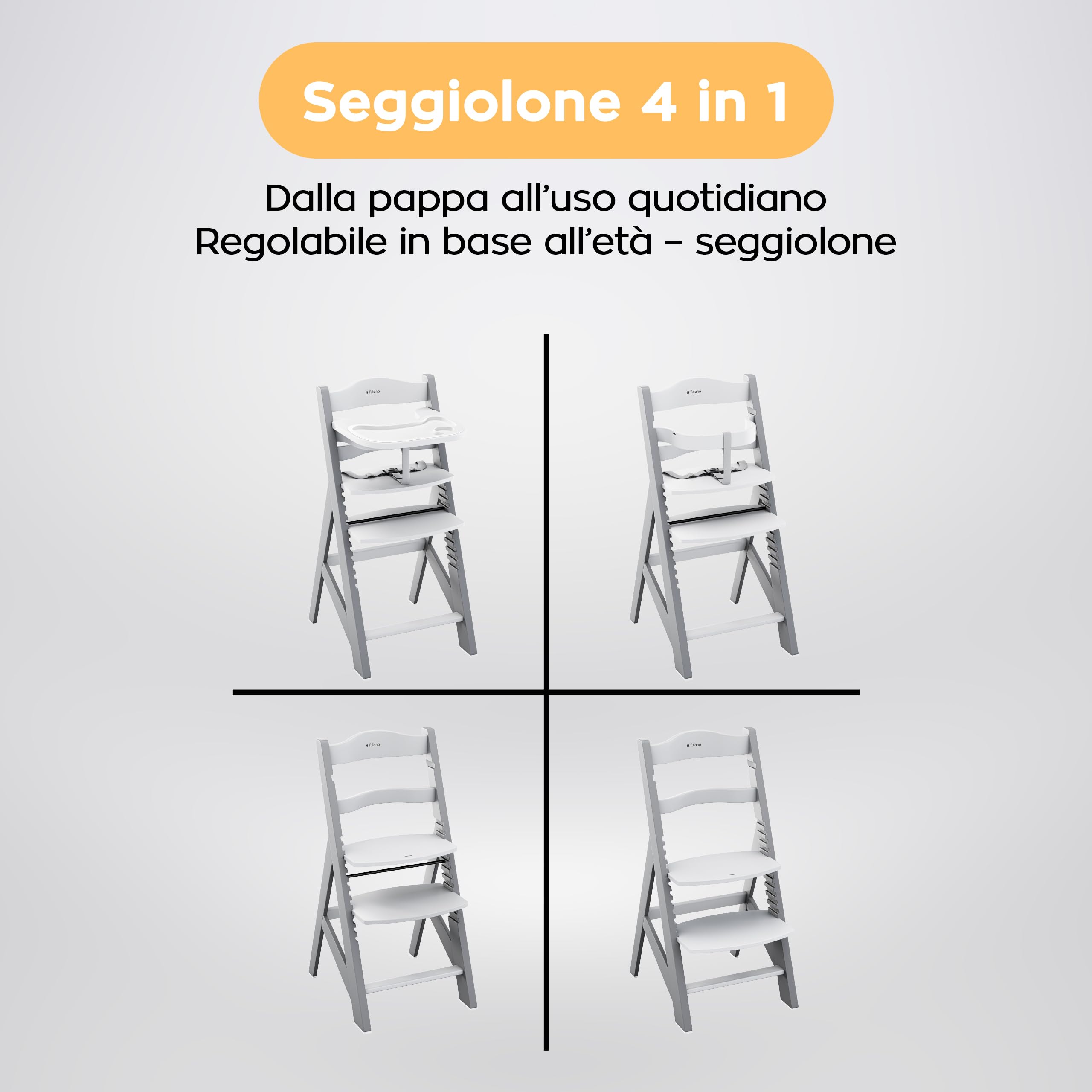 Tulano Morsel 40 - Seggiolone Evolutivo 4 in 1 per Pappa in Legno | Sedia evolutiva con 11 livelli vassoio lavabile cuscini impermeabili e uso da 6 mesi a 12 anni - Grigio Bianco