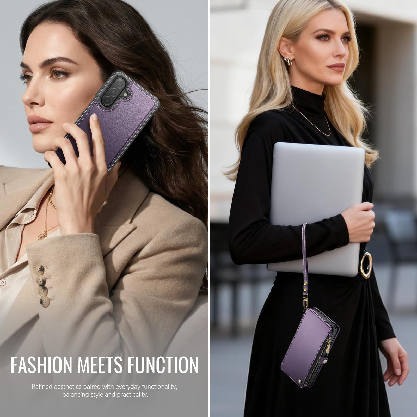 Funda magnética desmontable para Galaxy A17 5G, color morado | Tarjetero con bloqueo RFID, bolsillo con cremallera, ranura para efectivo, pulsera, para mujeres y hombres