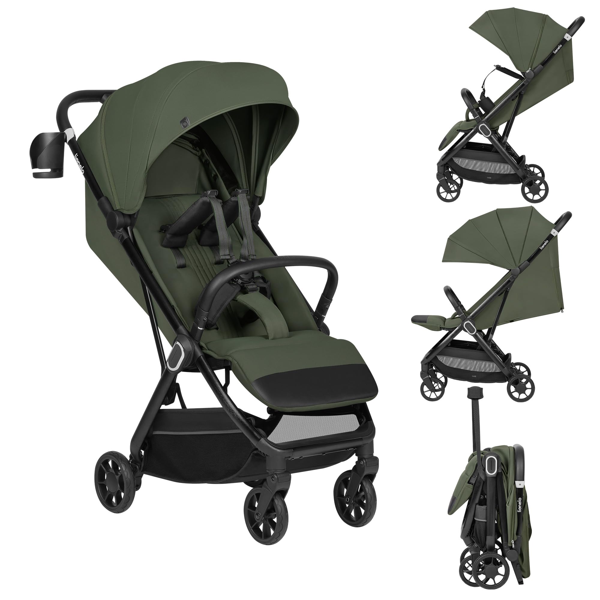 LIONELO Poussette Bébé Bess jusqu'à 22 kg de 6 mois à 4 ans Roues Pivotantes en PU 360 ° Pliage avec Une Main, Dossier Réglable, Canopy Imperméable Poids Léger 7,5 kg, Panier à Courses (Green)