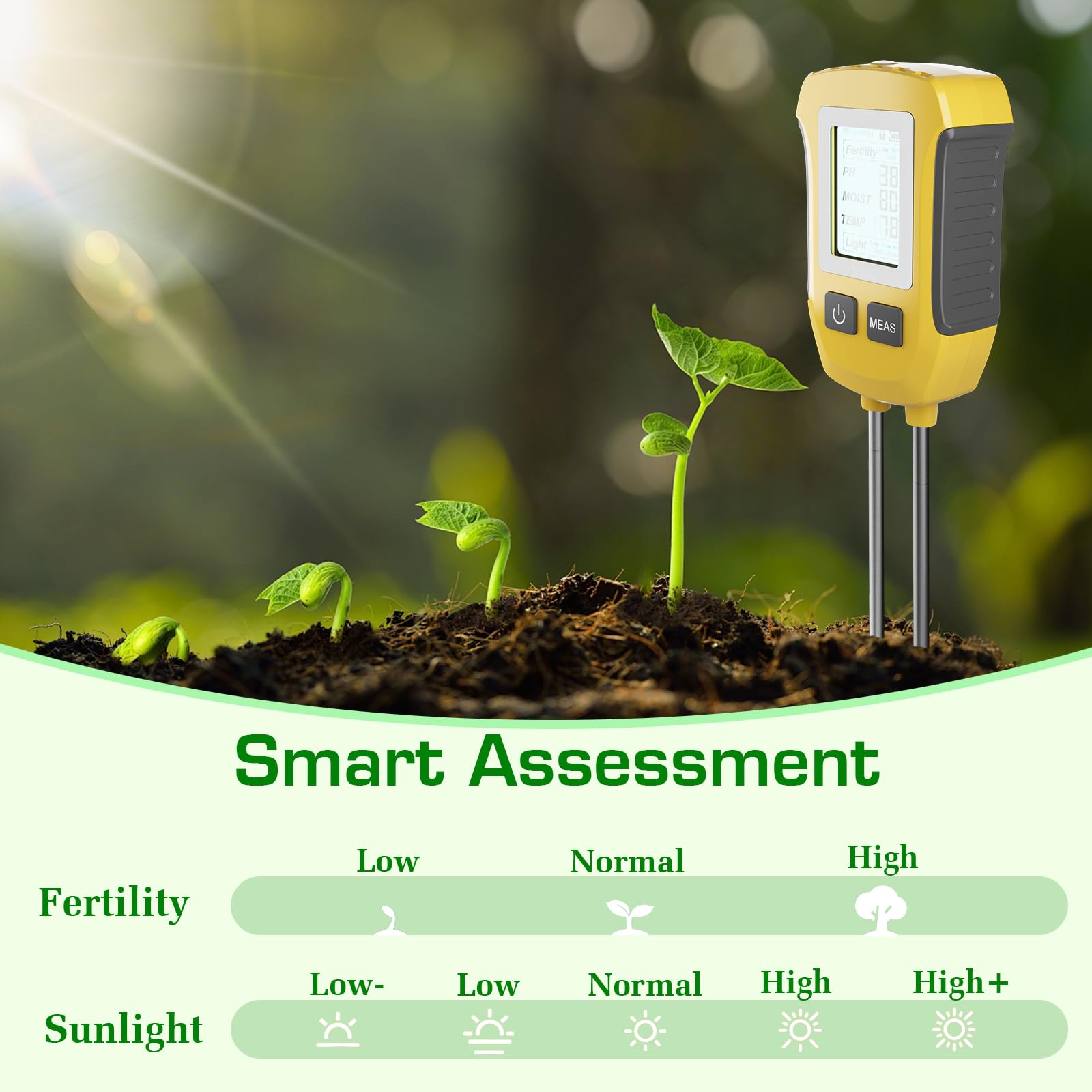 Testeur d'humidité pour Plantes 5 en 1,Humidimètre pour Fertilité/PH/Humidité du Sol/Température/Intensité de la Lumière du Soleil, Hygrometre pour Plantes avec Écran LCD Rétro-Éclairé