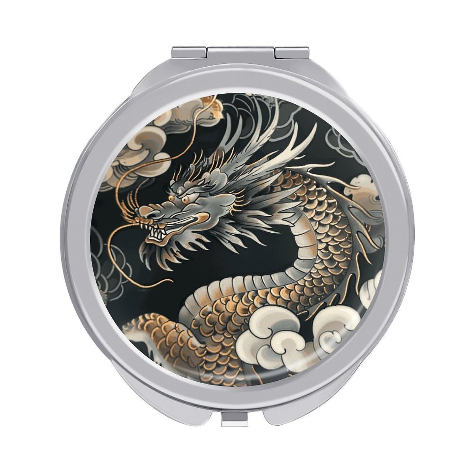 JTREHY Black Oriental Dragon Makeup Mirror Silver Mirror Surface Folding Makeups Mirrors Lightweight Durable Looking Glass for Suitable Traveling Handbag and Purses