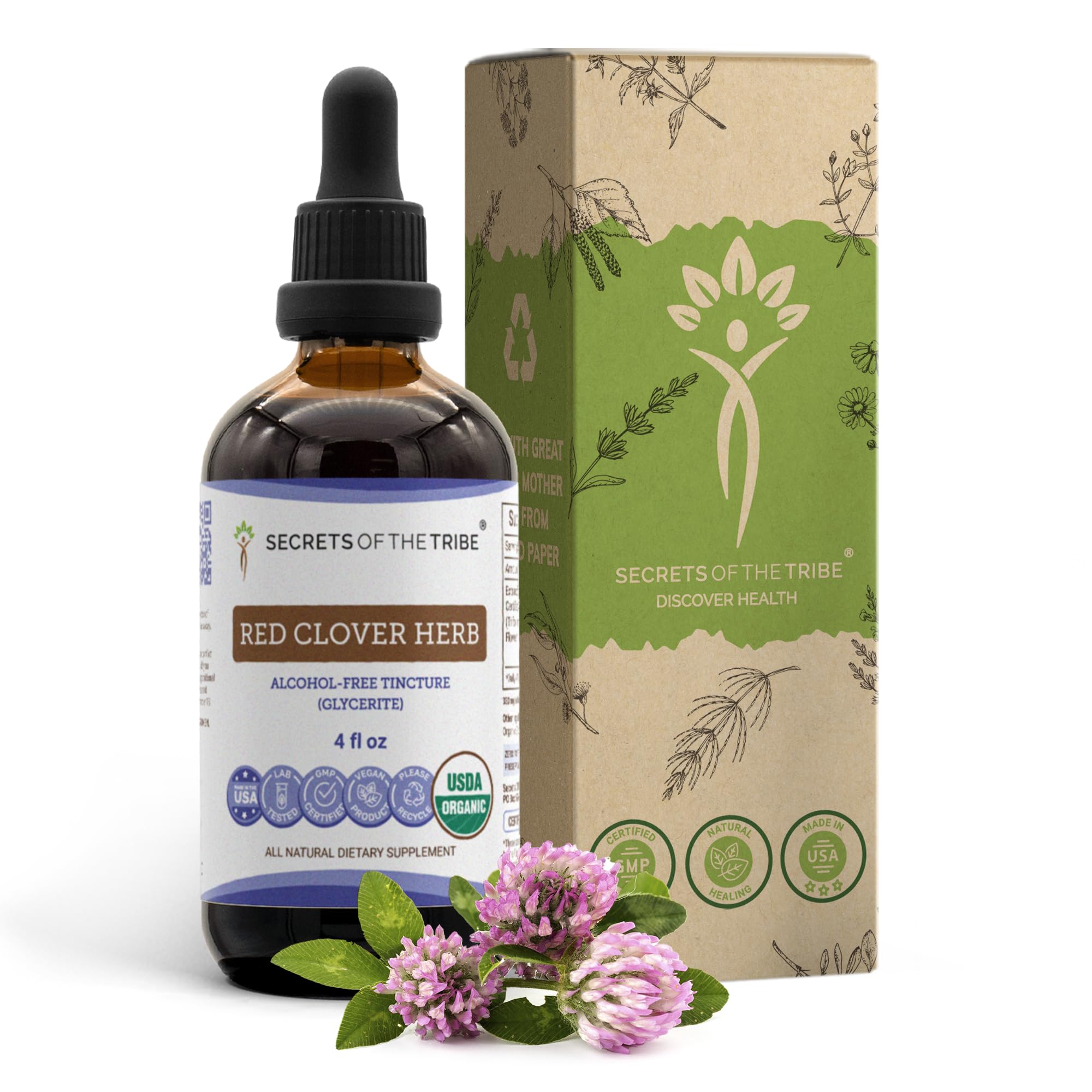 Red Clover Herb USDA Organic Tincture | Alcohol-FREE Extract, High-Potency Herbal Drops| Made from 100% Certified Organic Red Clover Herb (Trifolium Pratense) Dried Leaf and Flower 4 oz