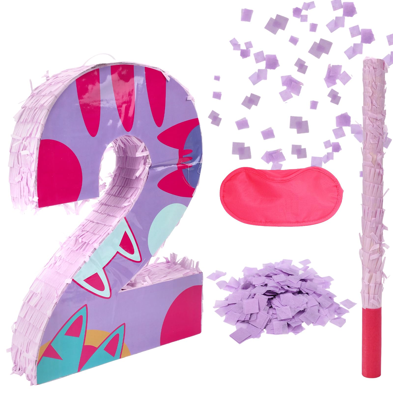Cat Number Piñata Set, Cat Theme Birthday Piñata with Beating Stick Blindfold Paper Shreds Easy to Hang Birthday Party Decorations for Boys and Girls (Number 2)