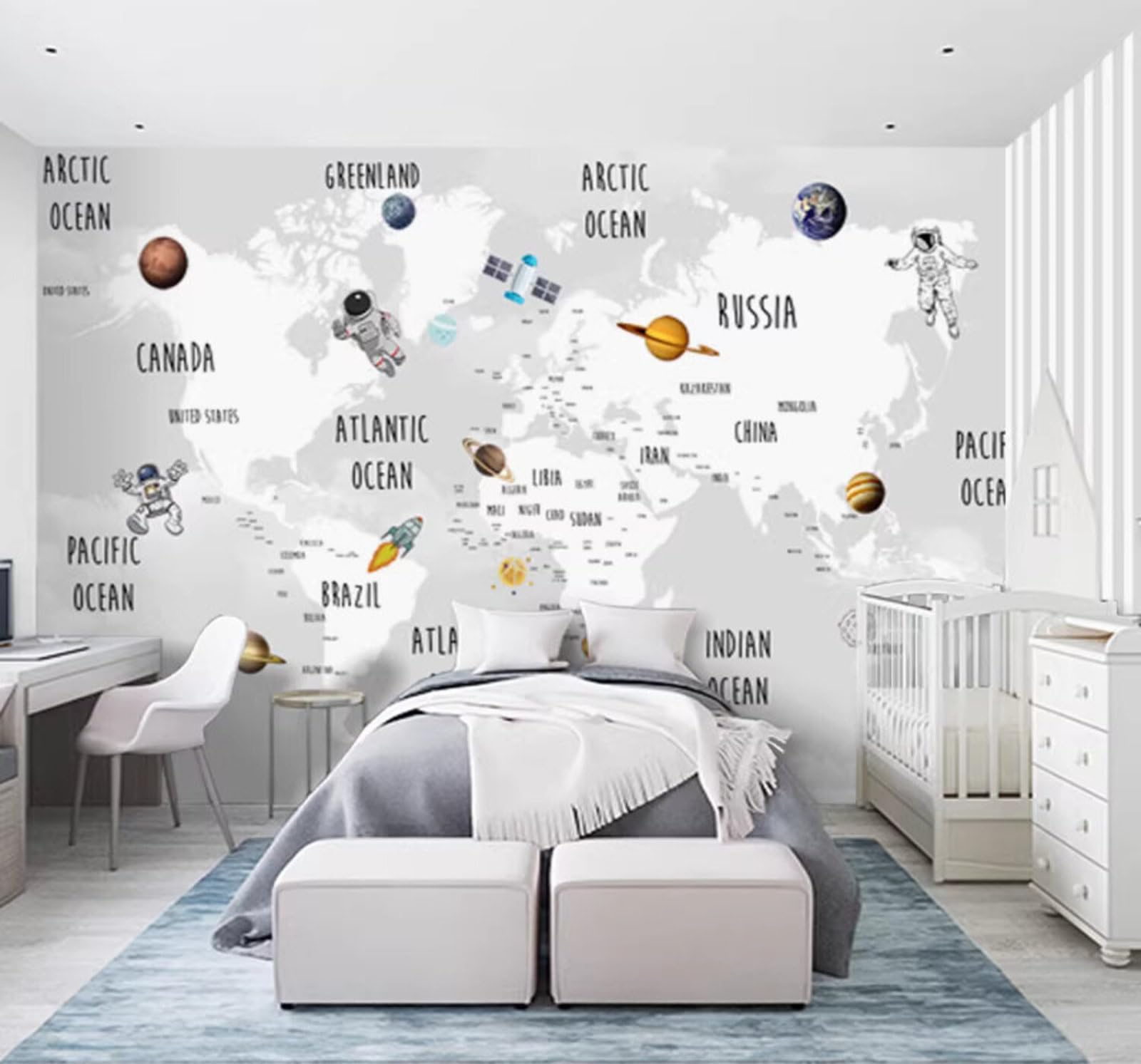 Cartoon Planet Rocket Astronaut World Map 3D Wallpaper Easy Install Feature Office Living Room Sofa Bedroom TV Background Wall Decoration-350cm×256cm