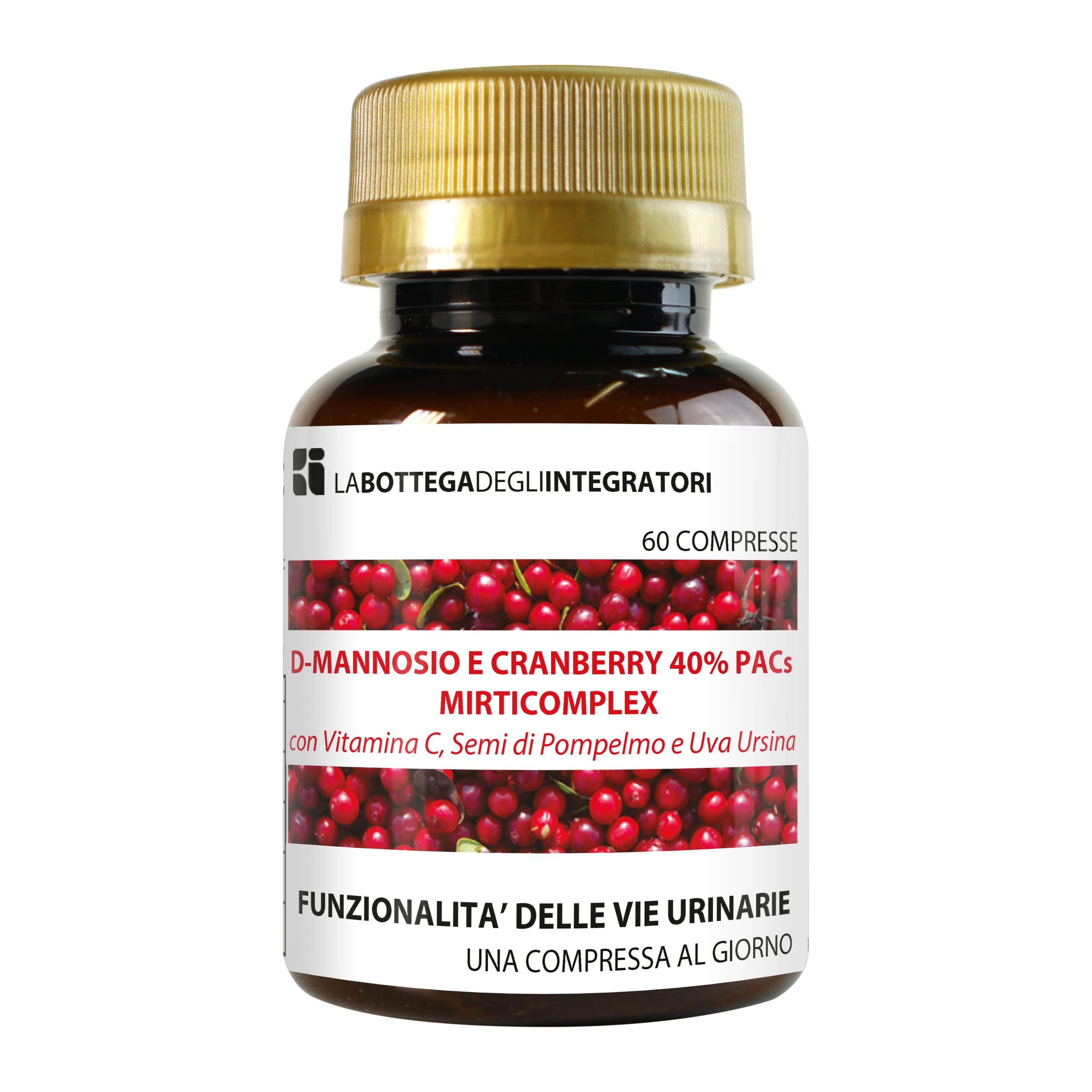 D - Mannosio e Cranberry 40% PAC Mirti Complex con Semi di Pompelmo, Uva Ursina e Vitamina C | 60 compresse 1 al dì | Mirtillo Rosso ad Alto Dosaggio