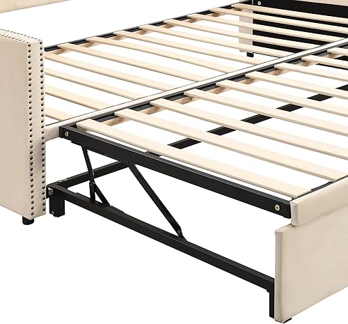 Miniatura 5 de Sofá cama tapizado de tamaño individual con nido desplegable, sofá cama extensible de terciopelo con respaldo copetudo, marco de sofá cama