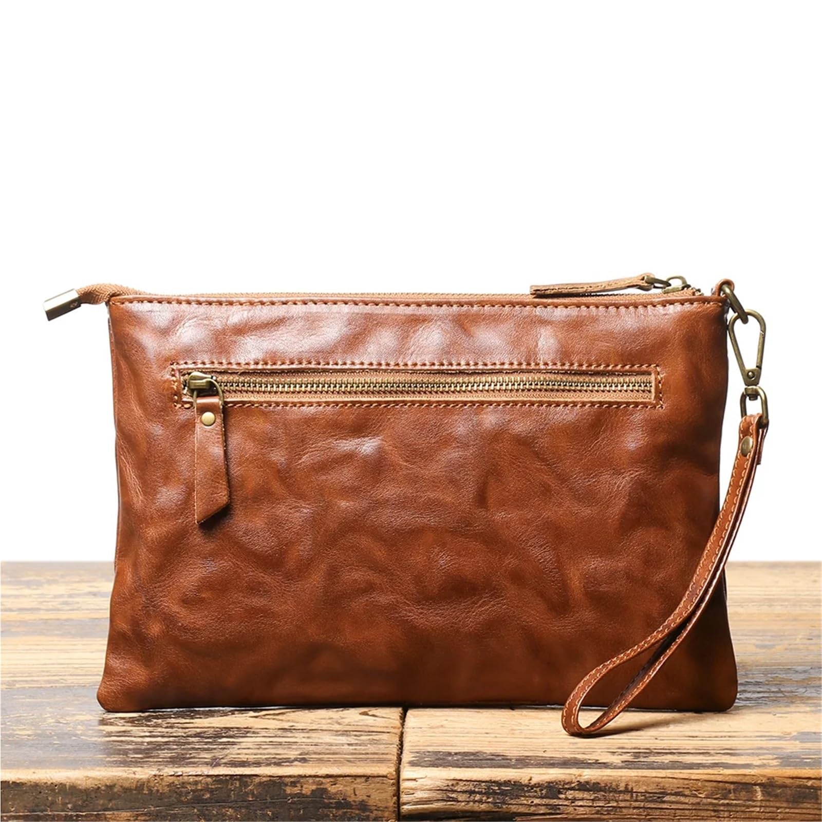 Portafoglio pochette in pelle vintage, cerniera sicura, elegante braccialetto da uomo
