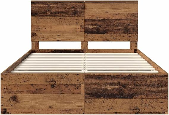 Queen Bed Frame with Headboard Rustic Old Wood Solid Pine & Engineered Wood 153 x 210 x 100 cm Robust Platform Base for Bedroom, Urban Loft, Guest Rooms