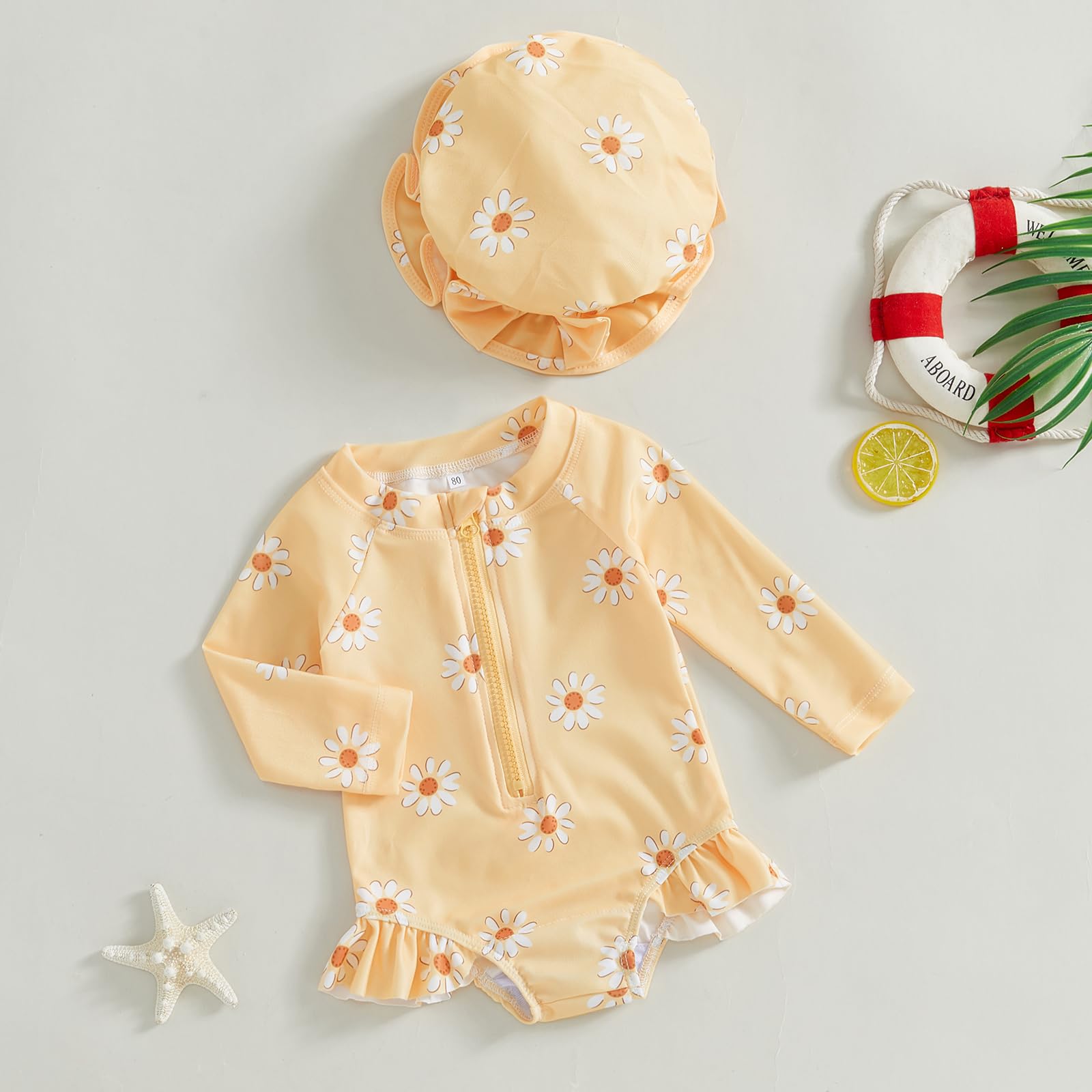 Loalirando Ensemble Maillot de Bain Bébé Fille Anti-UV, Haut Zippé et Bonnet Assorti (6 Mois-3 Ans)