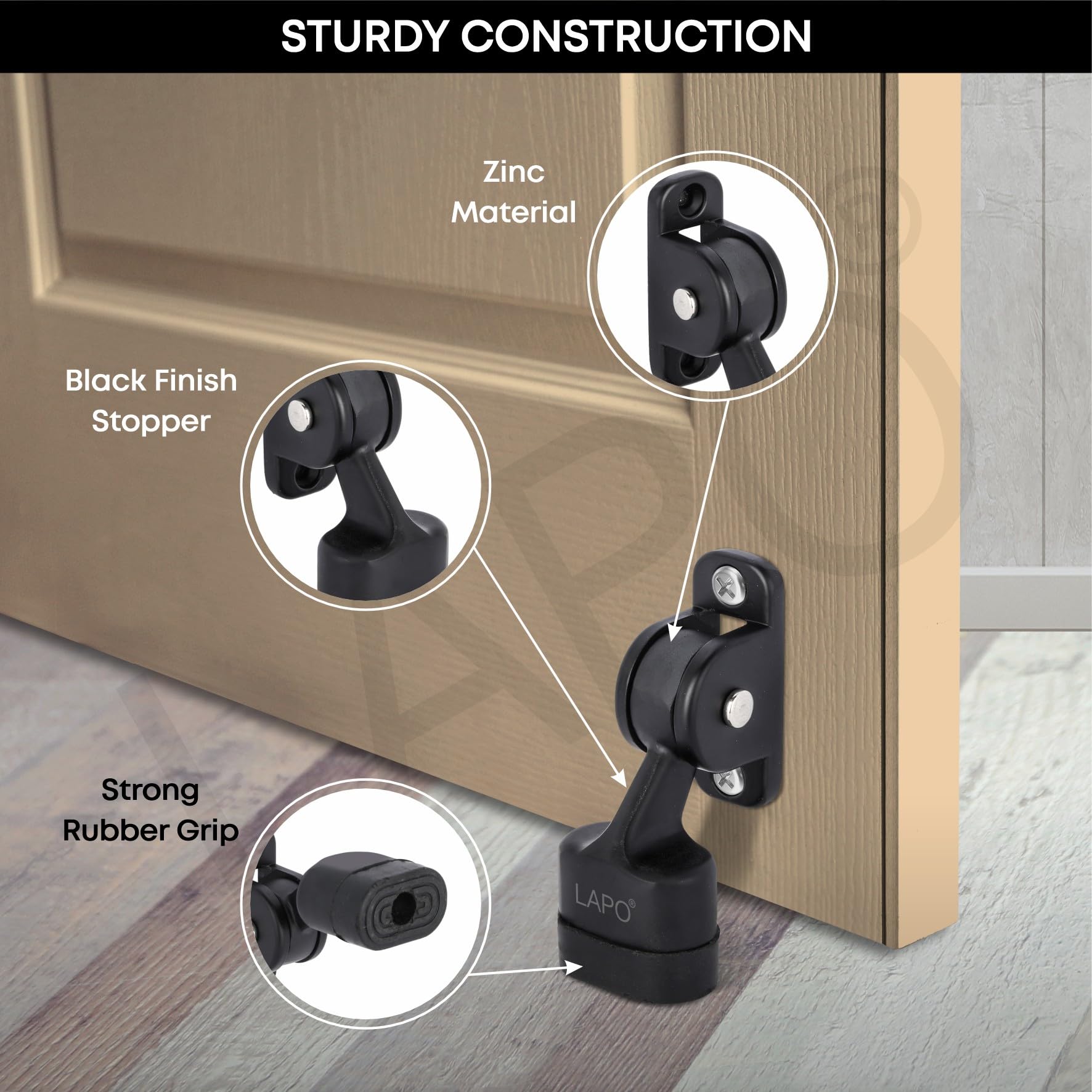 LAPO Premium 3 Inch Rubber Door Stopper with Screw | Heavy Duty Wooden Door Stopper for Home, Office, Hotel | Black Finish | Strong Grip Door Holder for All Surfaces (Pack of 1) — Amazon image 2