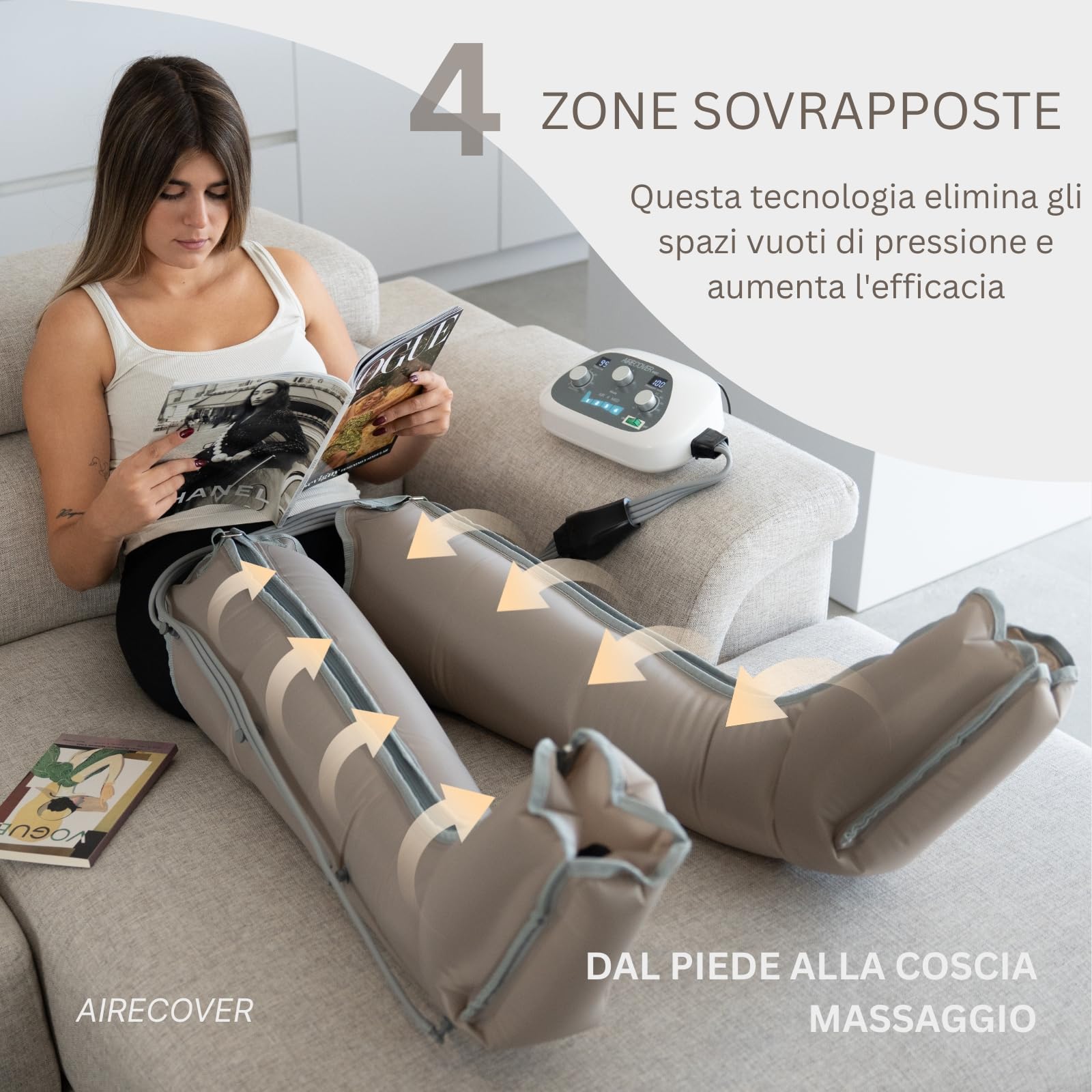 Med 4 Pressoterapia – Stivali da massaggio per gambe stanche, drenaggio linfatico e circolazione, pressione 30-250 mmHg, 4 modalità, 4 camere sovrapposte