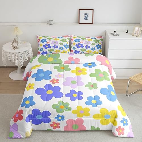 Lindo juego de edredón de flores para niños y mujeres. Juego de ropa de cama de flores coloridas de dibujos animados, tamaño individual, bonito