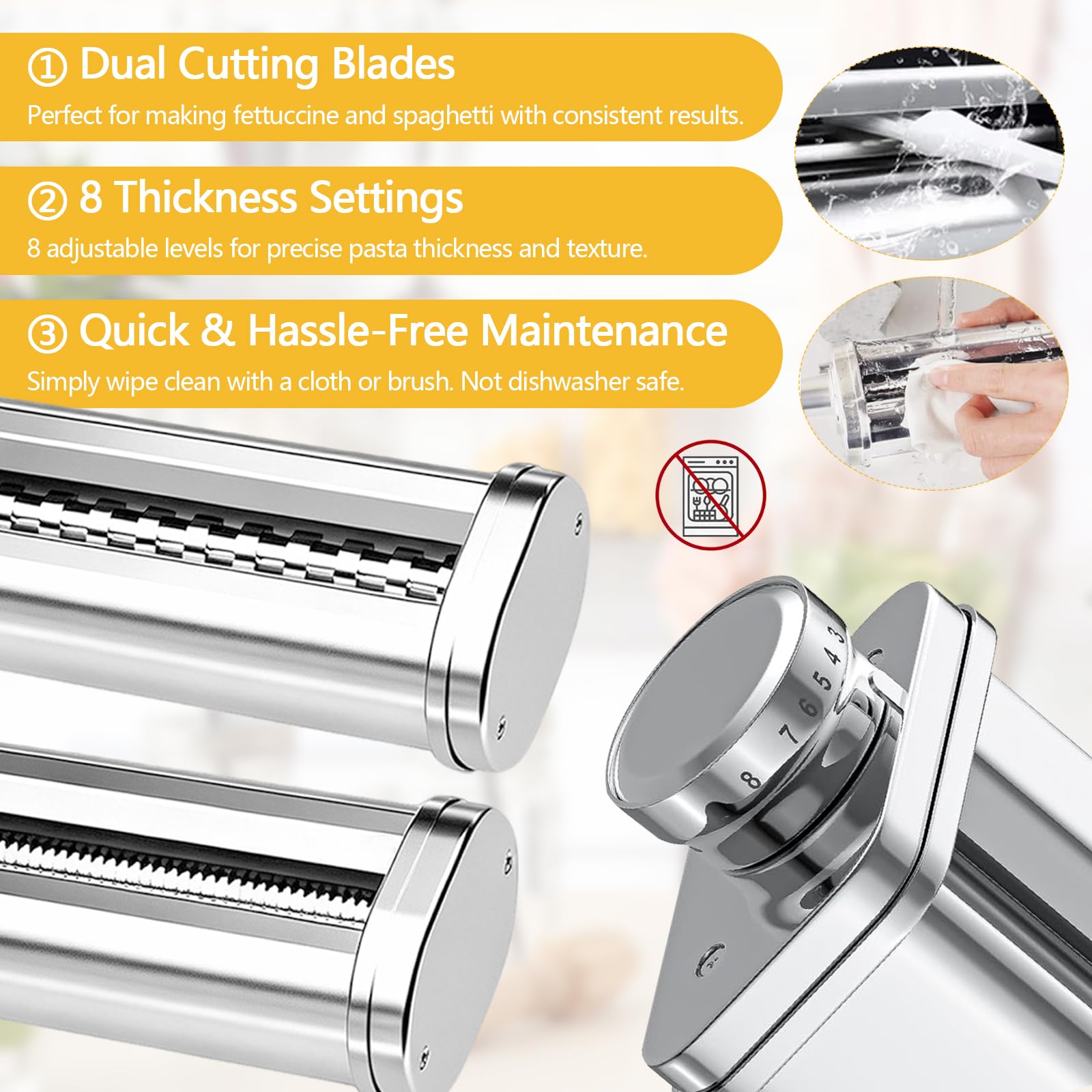 Set di accessori per la pasta, 3 pezzi, per robot da cucina Kenwood KVC/KVL, con rullo per spaghetti e fettuccine, accessorio per pasta in acciaio inox 304, con manopola, 8 spessori di impasto