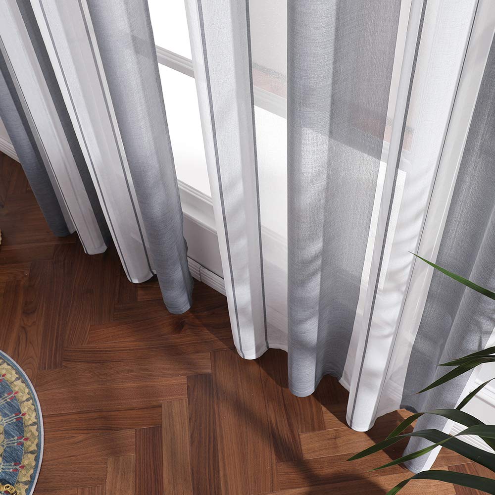 MIULEE Tende a Righe per Interni, Tende Trasparenti in Voile Tende Camera da Letto, Tenda Salotto Moderne con Anelli, Tenda a Pannello da Interno Finestra a Righe Bianche e Grigie, 2x 140x260 CM