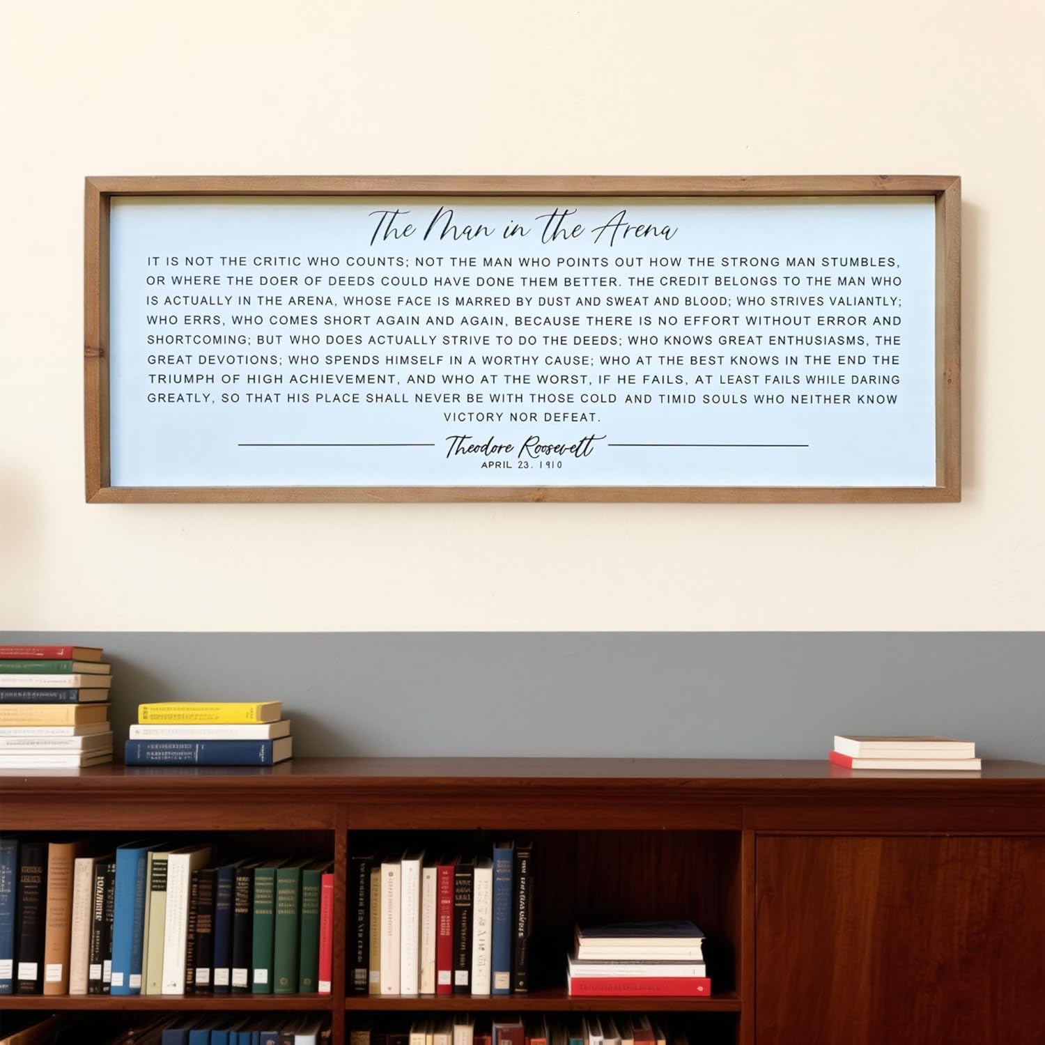 The Man in the Arena Framed Wall Art for Men, Motivational Inspirational Office Decor, Wood Frame, Theodore Roosevelt Quote, 32x12 Inch