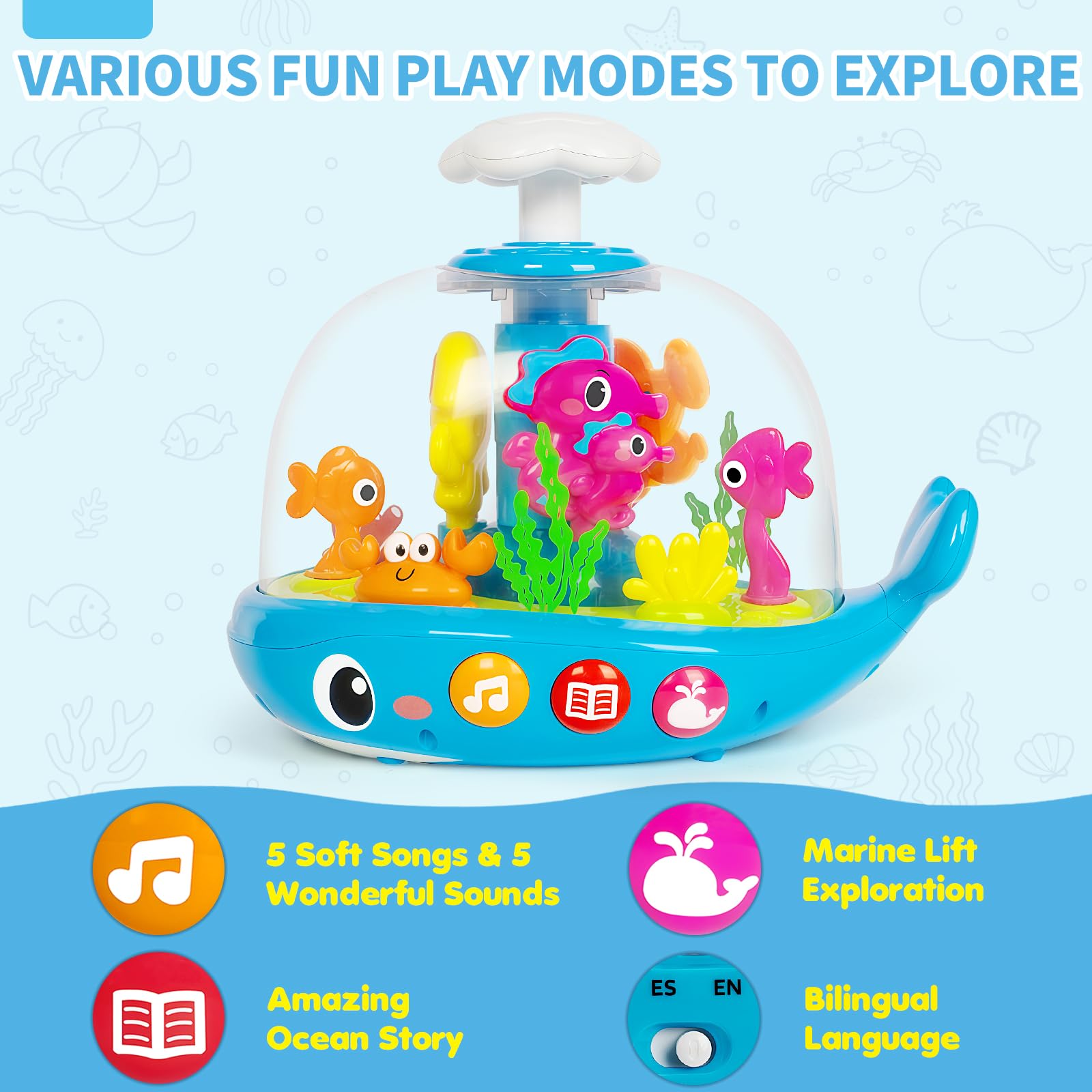 Baby Toys 6-12 Months, Musical Aquarium Infant Toys for 7 8 9 10 11 Months, Early Learning Educational Toy with Sound, Press Glow Spin for Cause and Effect, Christmas Birthday Gifts for Boy Girl