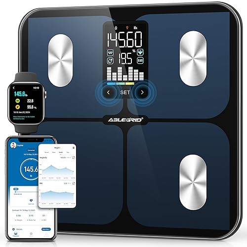 ABLEGRID Báscula de baño inteligente para peso corporal, báscula digital de grasa corporal con pantalla de tendencia de columna LED, IMC, masa