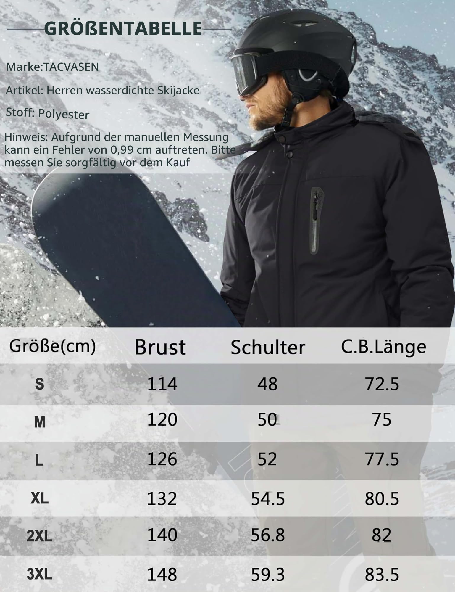 TACVASEN Winterjacke Herren Wasserdicht Warme Skijacke Fleece Gefütterte Softshelljacke Atmungsaktiv mit Abnehmbarer Kapuze