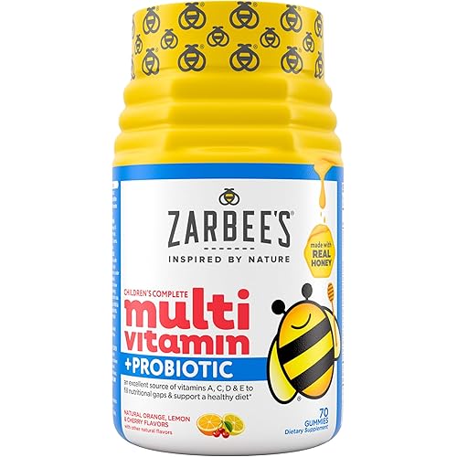 Zarbee's Kid's Complete Multivitamin + Probiotic Gummies with Vitamins A B C D E & zinc for Digestive Health Easy To Chew Kids Daily Multivitamin Gummies Natural Fruit 70 Count