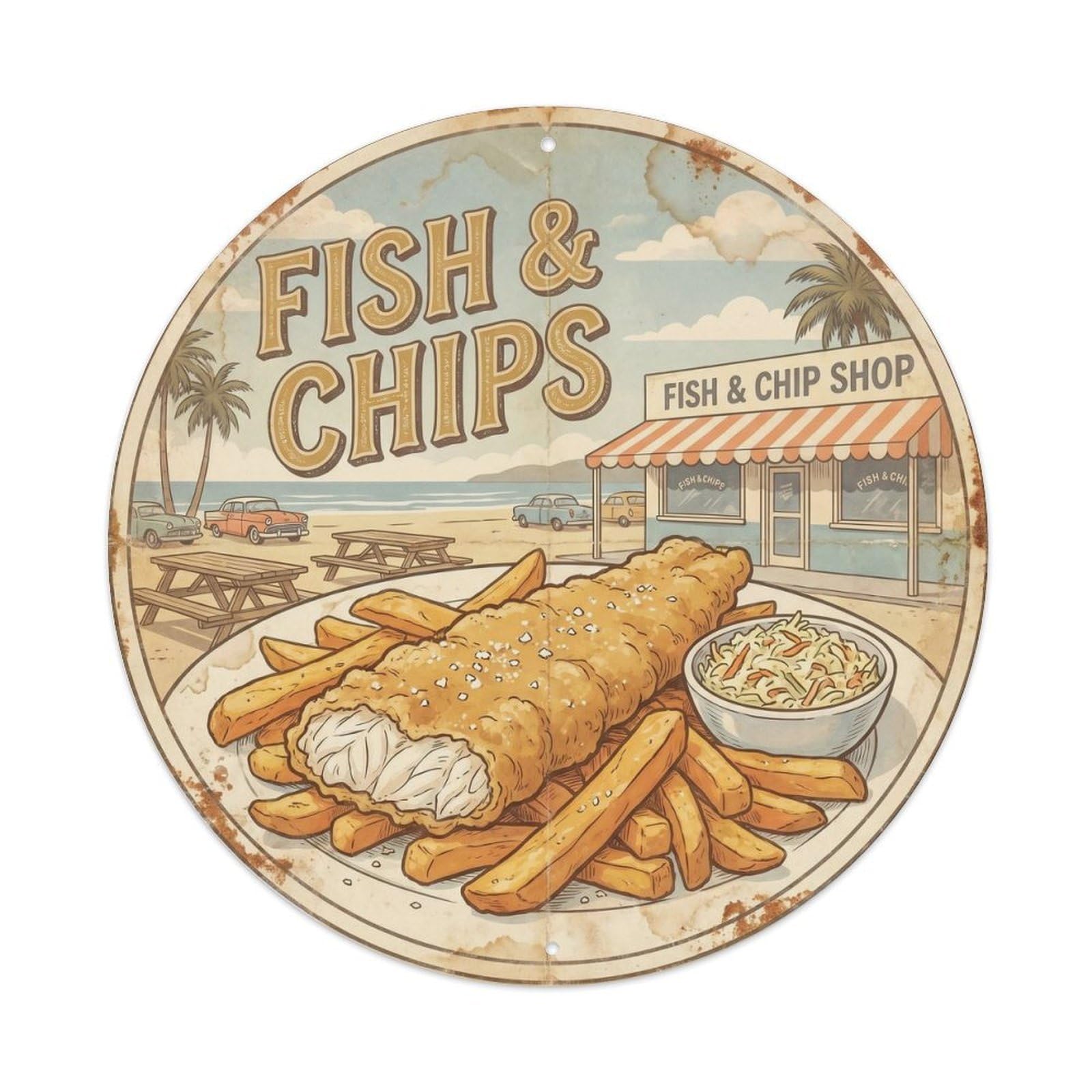 Fried Fish New Zealand Coastal Food Roadside Diner Metal Tin Sign