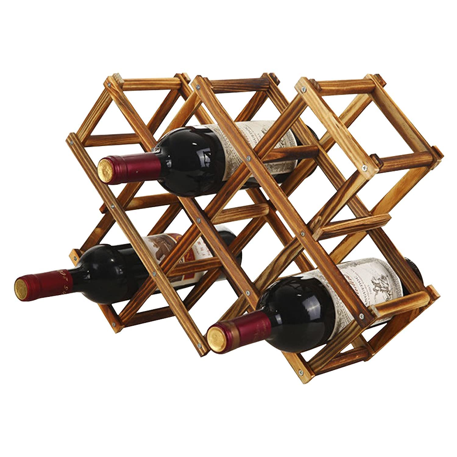 HOKIPO Foldable Wooden Wine Shelf/Wine Display Rack Organizer/Wine Bottle Holder, 45 X 31 X 12cm, Capacity 10 Bottle (Carbonized Color,no Oil Paint) - NEW791-image-1